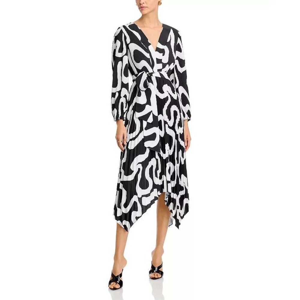 Milly Liora Dress Handkerchief Hem Ink Swirl Abstract Pleated Midi NWT 2 Flaw